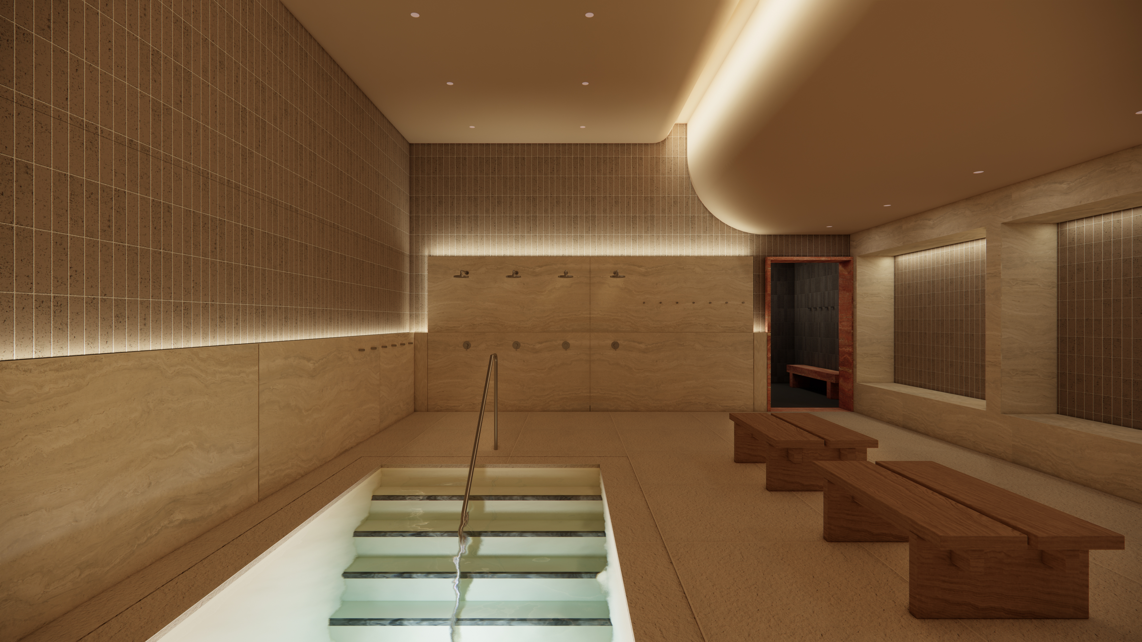 a small pool and benches in the lore bathing club spa in New York&#039;s NoHo