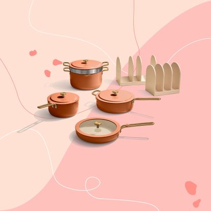 Our Place Essentials pan set on graphic, pink background