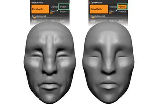 Two sculpted faces side by side – the right is smoother