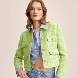 Lime green tweed jacket with gold buttons