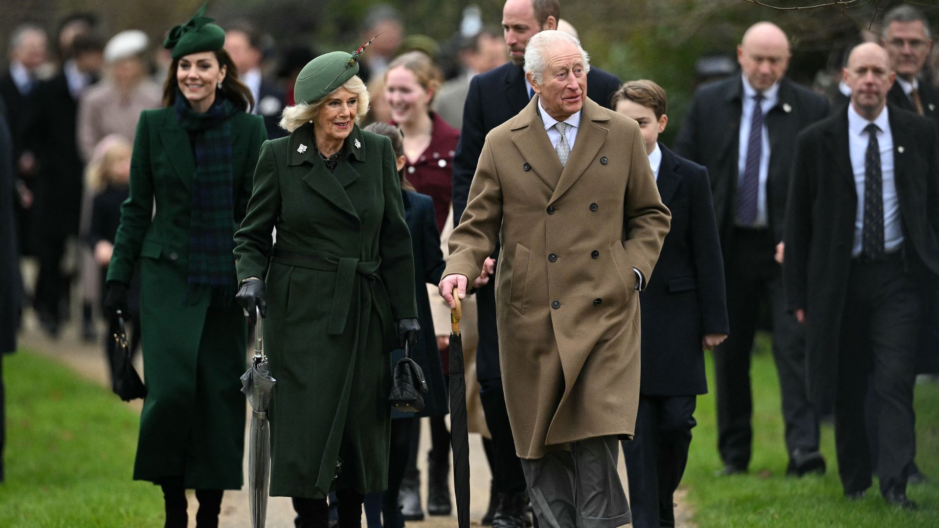 Kate Middleton, Queen Camilla, King Charles walking around Sandringham on Christmas Day, 2024
