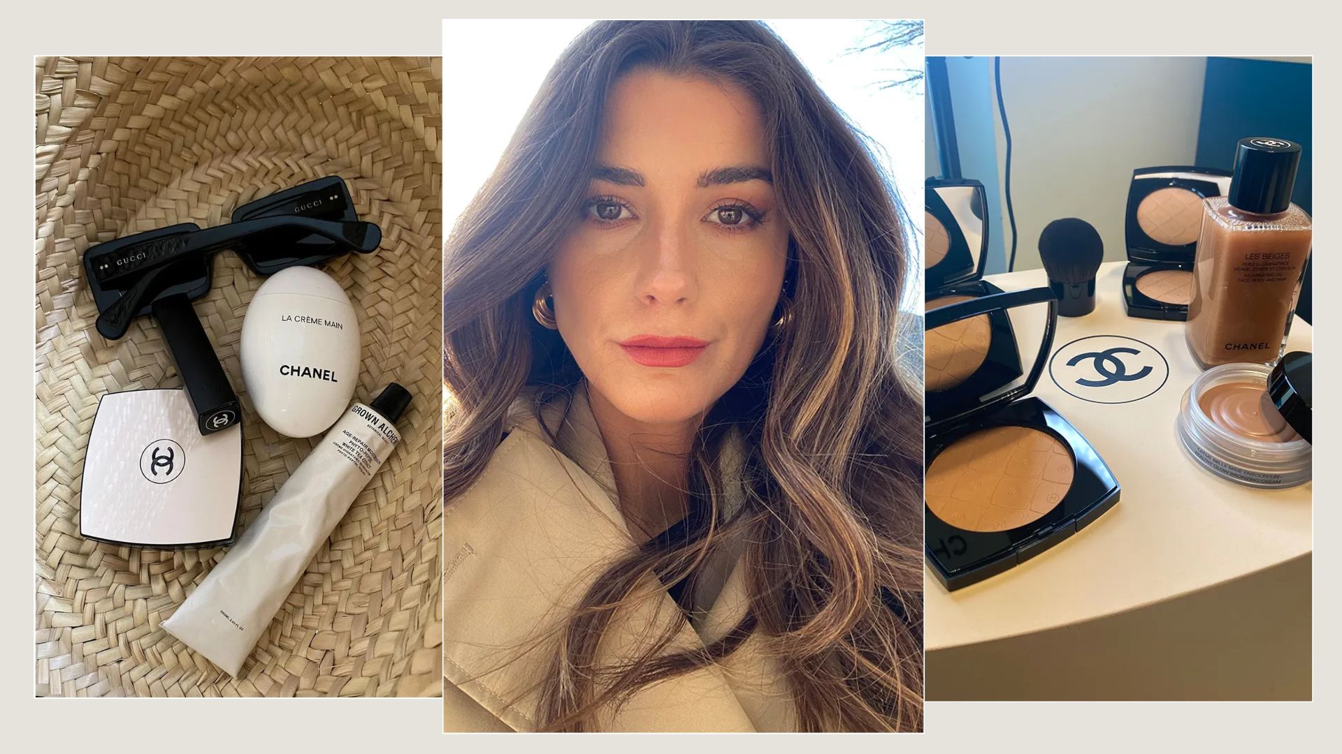 Two pictures of Chanel bronzers and beauty editor Eleanor Vousden wearing bronzer