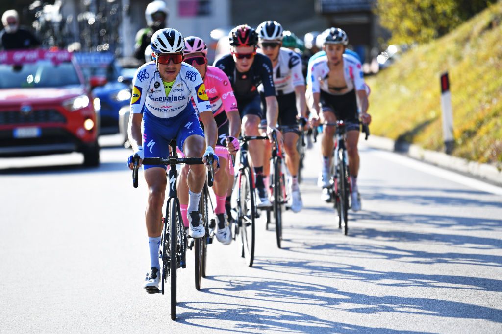 MADONNA DI CAMPIGLIO ITALY OCTOBER 21 Fausto Masnada of Italy and Team Deceuninck QuickStep Joao Almeida of Portugal and Team Deceuninck QuickStep Pink Leader Jersey during the 103rd Giro dItalia 2020 Stage 17 a 203km stage from Bassano del Grappa to Madonna di Campiglio 1514m girodiitalia Giro on October 21 2020 in Madonna di Campiglio Italy Photo by Tim de WaeleGetty Images