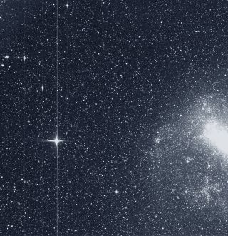 NASA's Transiting Exoplanet Survey Satellite (TESS) took this snapshot of the Large Magellanic Cloud (right) and the bright star R Doradus (left) with just a single detector of one of its cameras on Aug. 7, 2018. The frame is part of a swath of the southern sky TESS captured in its "first light" science image as part of its initial round of data collection.