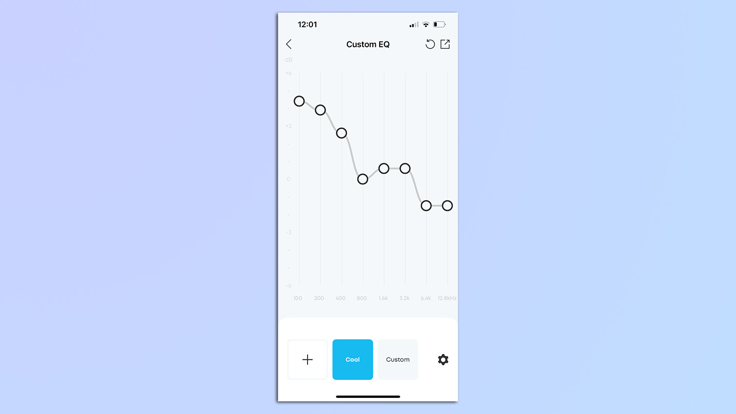 Screenshot from the Soundcore companion app showing Custom EQ settings.