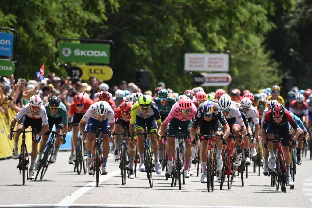 Belgian Wout Van Aert of Team JumboVisma sprints to the finish of the first stage of the Criterium du Dauphine cycling race 192 km between La VoultesurRhone and Beauchastel France Sunday 05 June 2022 BELGA PHOTO DAVID STOCKMAN Photo by DAVID STOCKMAN BELGA MAG Belga via AFP Photo by DAVID STOCKMANBELGA MAGAFP via Getty Images