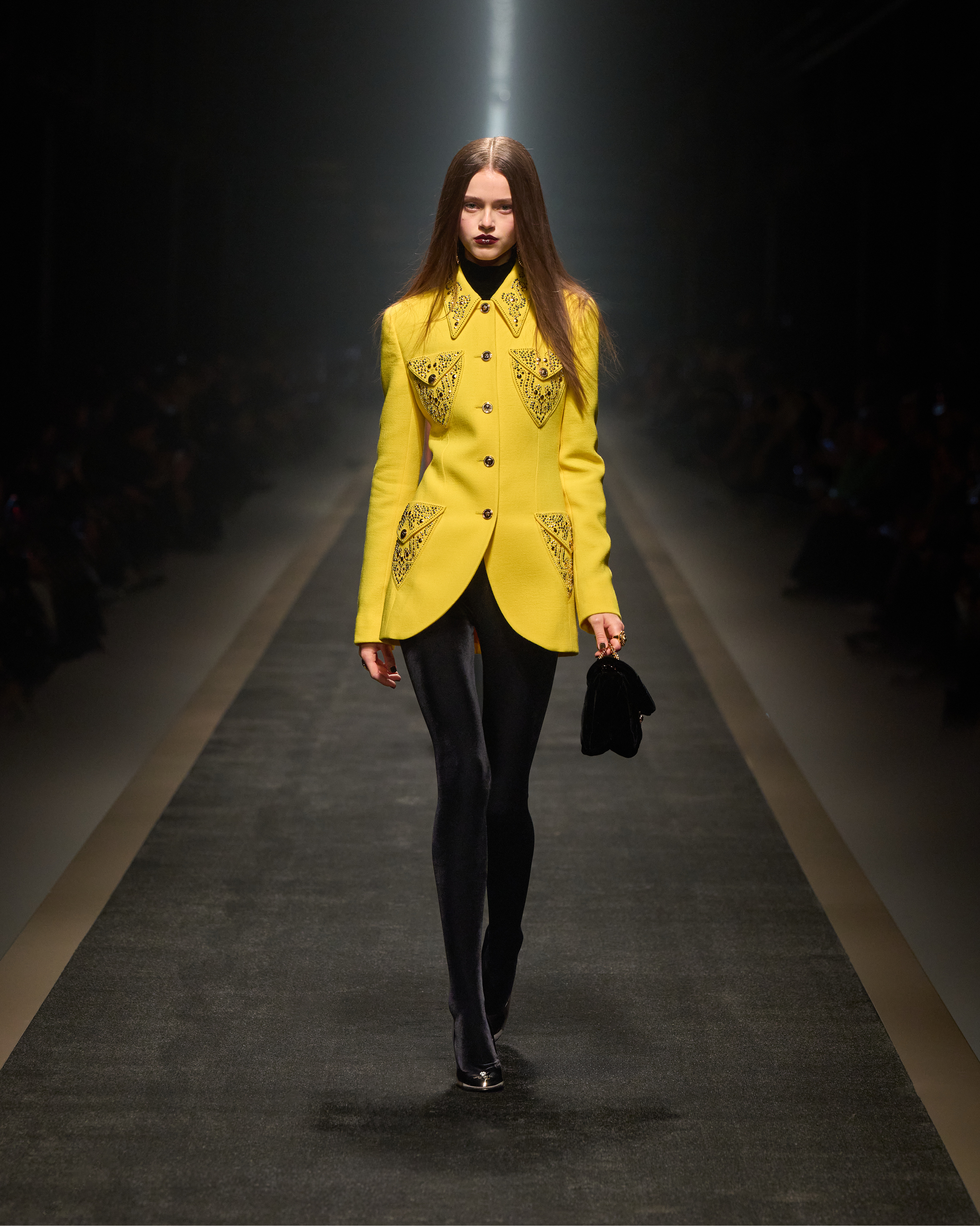 Versace autumn/winter 2025 velvet leggings and yellow jacket