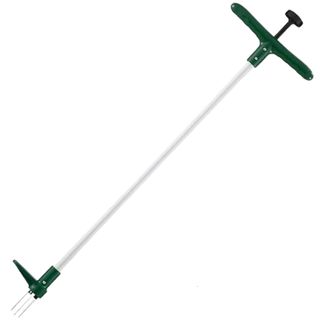 Long arm silver and forest green weed remover tool with wide handle and spiky end