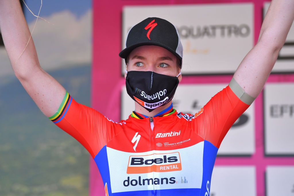 ARCIDOSSO ITALY SEPTEMBER 12 Podium Anna Van Der Breggen of The Netherlands and Boels Dolmans Cycling Team during the 31st Giro dItalia Internazionale Femminile 2020 Stage 2 a 1248km stage from Civitella Paganico to Arcidosso GiroRosaIccrea GiroRosa on September 12 2020 in Arcidosso Italy Photo by Luc ClaessenGetty Images