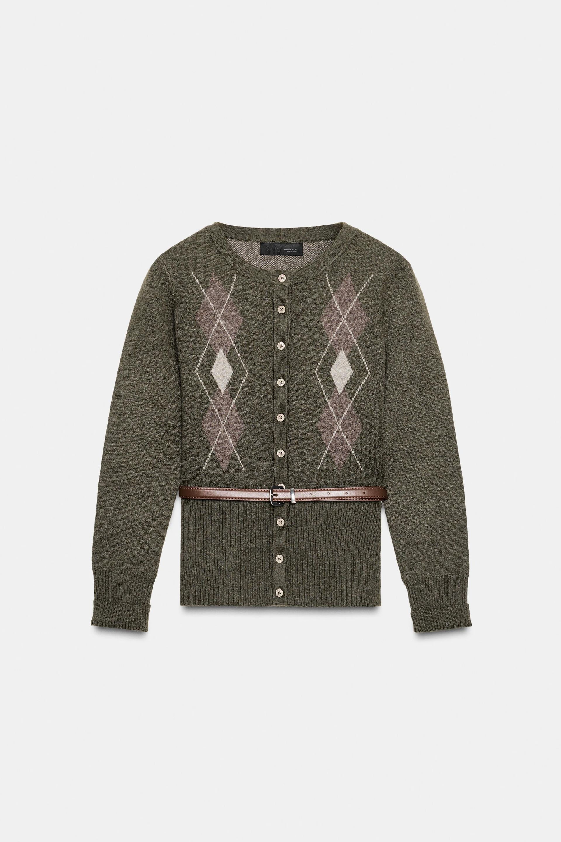 Argyle Knit Cardigan With Belt