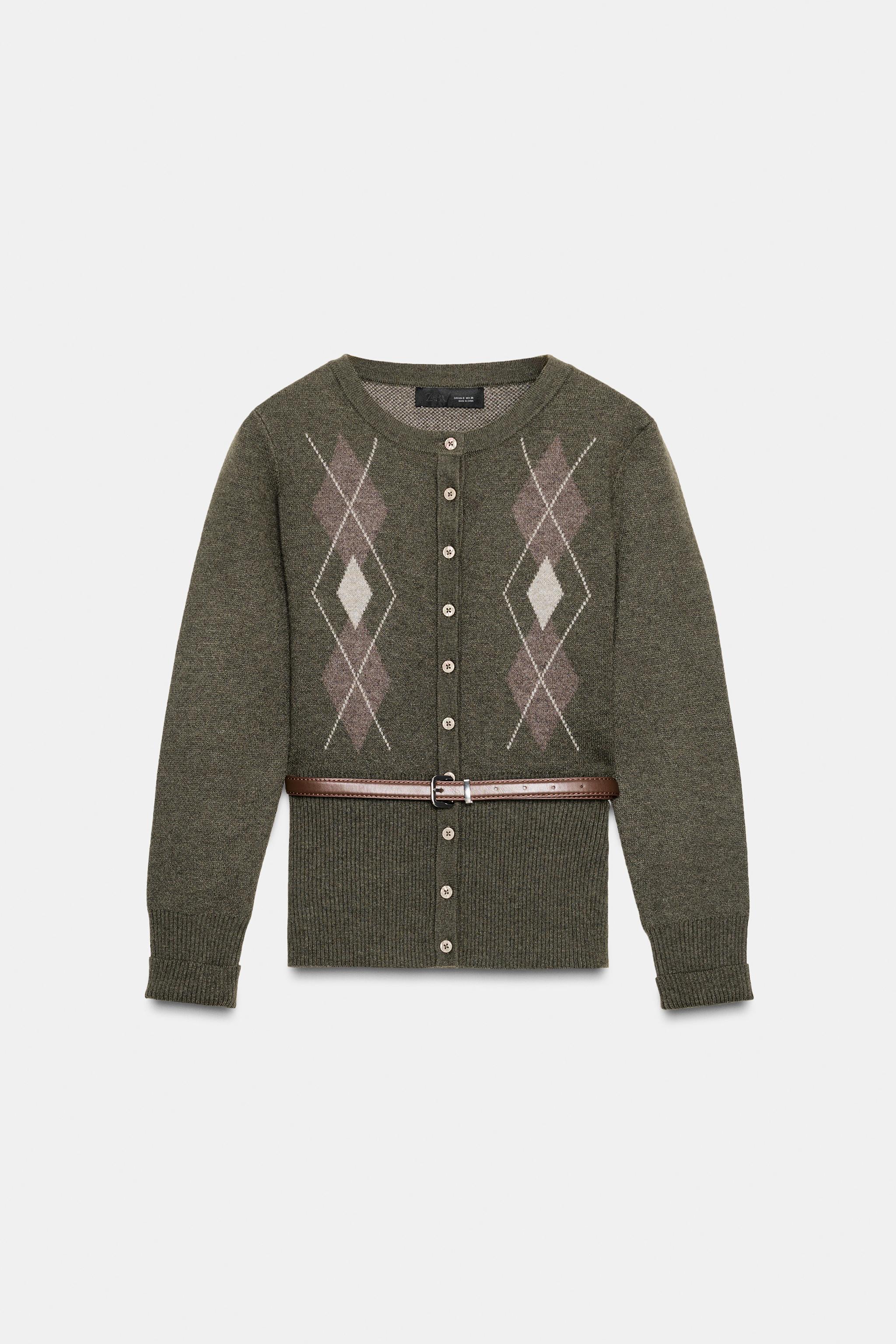 Argyle Knit Cardigan With Belt