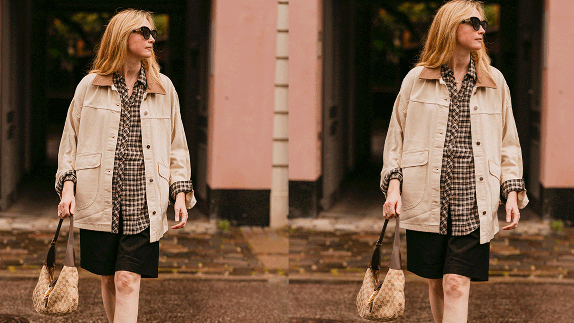A woman wears a black skirt, plaid shirt, barn jacket, black loafers, and a handbag.