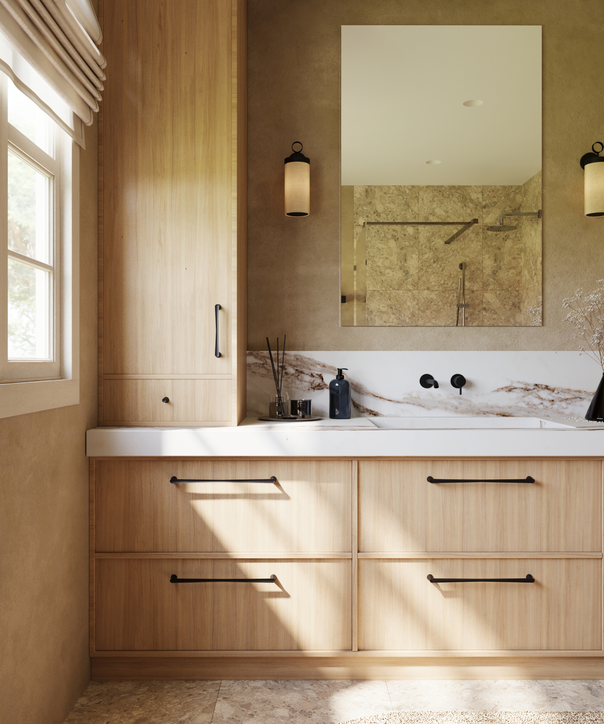 pale wooden bathroom storage cabinets and drawers