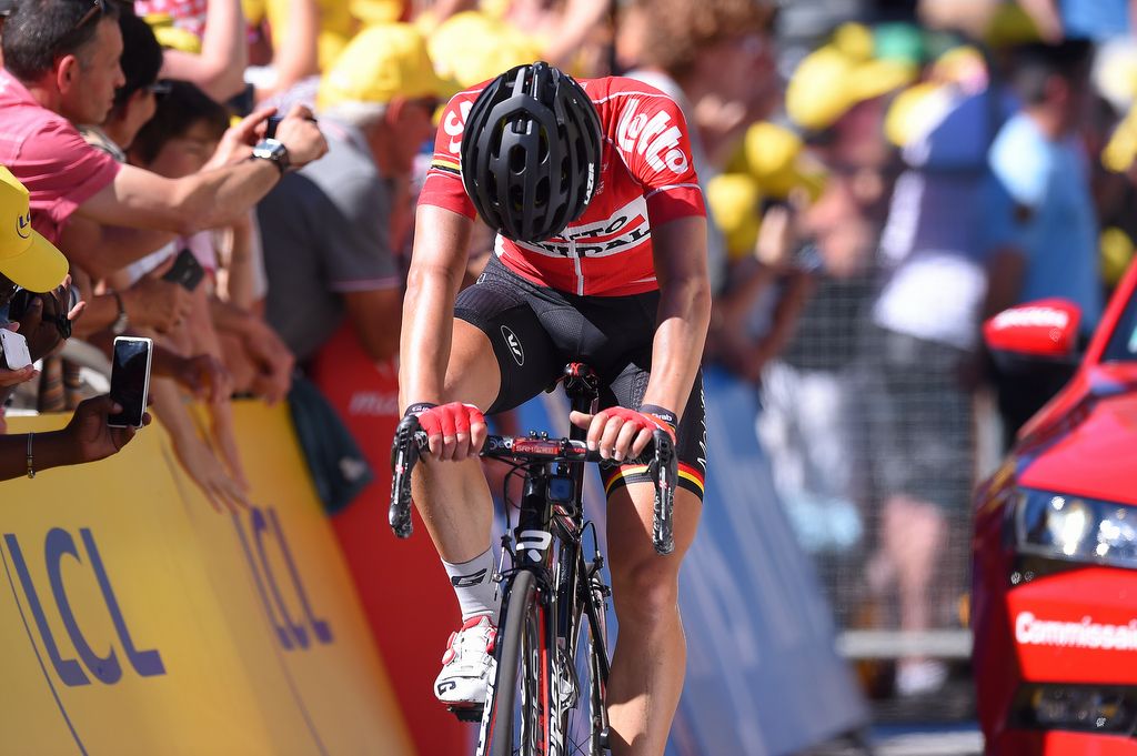 Thomas De Gendt (Lotto Soudal) slumps as he crosses the line for second place