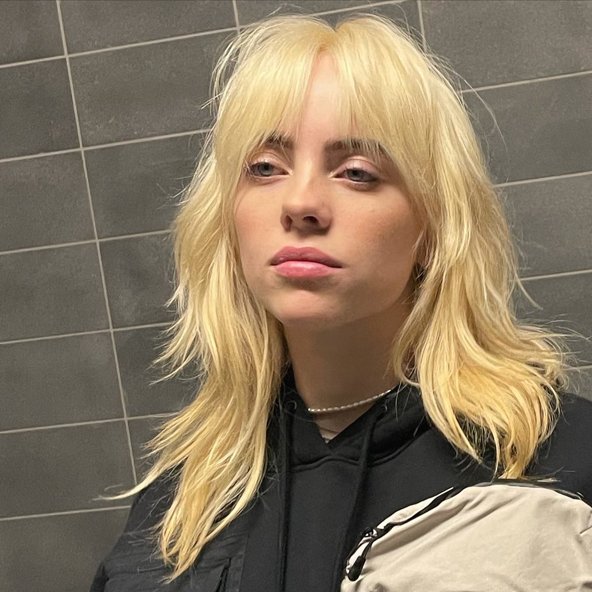 Billie Eilish with a wolf cut hairstyle.