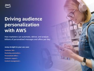 A whitepaper from AWS covering how to automate personalization, and deliver and analyze billions of bespoke customer messages, with image of female wearing headphones looking at a smartphone