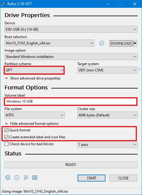 Rufus settings to create UEFI bootable media
