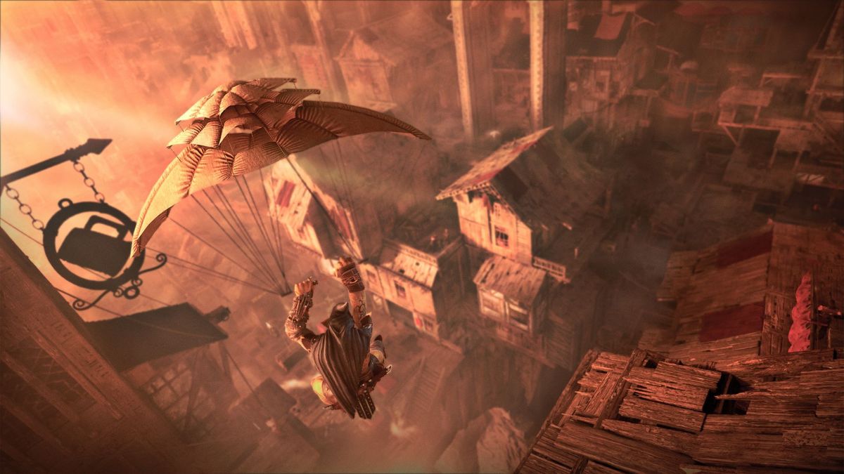 Screenshot from Styx Blades of Greed&#039;s reveal trailer, showing the titular green goblin gliding atop a grimdark fantasy city.