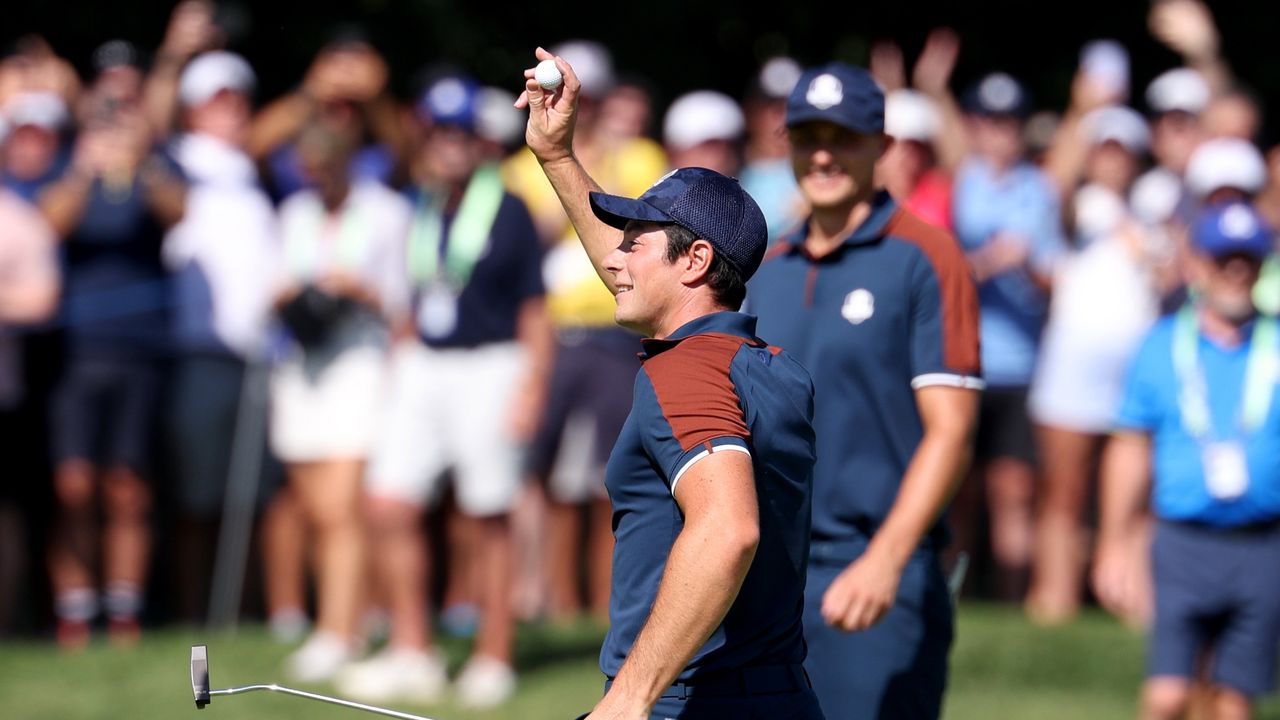 Viktor Hovland after a hole-in-one at the 2023 Ryder Cup