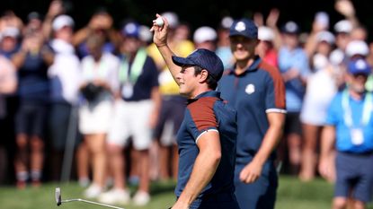 Viktor Hovland after a hole-in-one at the 2023 Ryder Cup