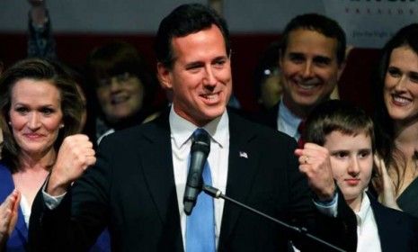 Rick Santorum speaks at an election night rally in a high school gymnasium in Steubenville, Ohio: The former Pennsylvania senator won Super Tuesday contests in Oklahoma, North Dakota, and Ten