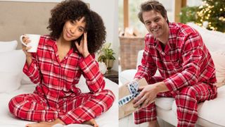 composite image of a man and a woman wearing brushed checked pajamas
