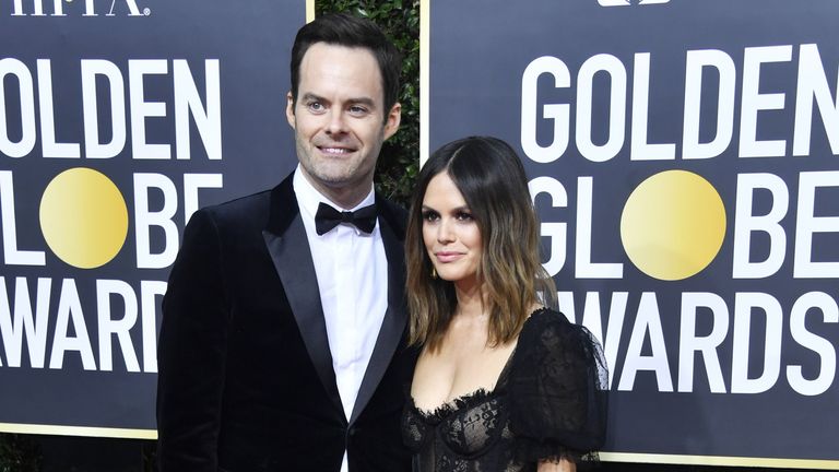 Bill Hader and Rachel Bilson pose together on the red carpet.