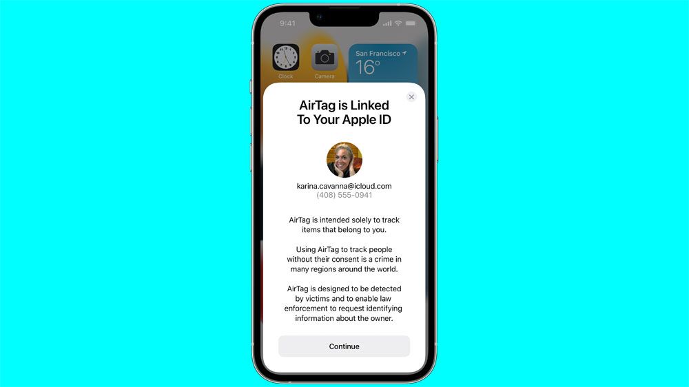 The anti-stalking warning that iPhone users will see during the AirTag setup process.