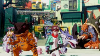 A hacker explores the digital world surrounded by Digimon in Digimon Story: Time Stranger, including Angewoman, Greymon, Garurumon, and Zudomon