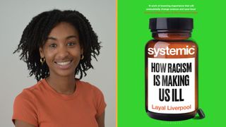 a photo of a young, smiling black woman in an orange top next to an image of a book cover that reads "Systemic: How Racism is Making Us Ill," showing a large pill bottle on a green background