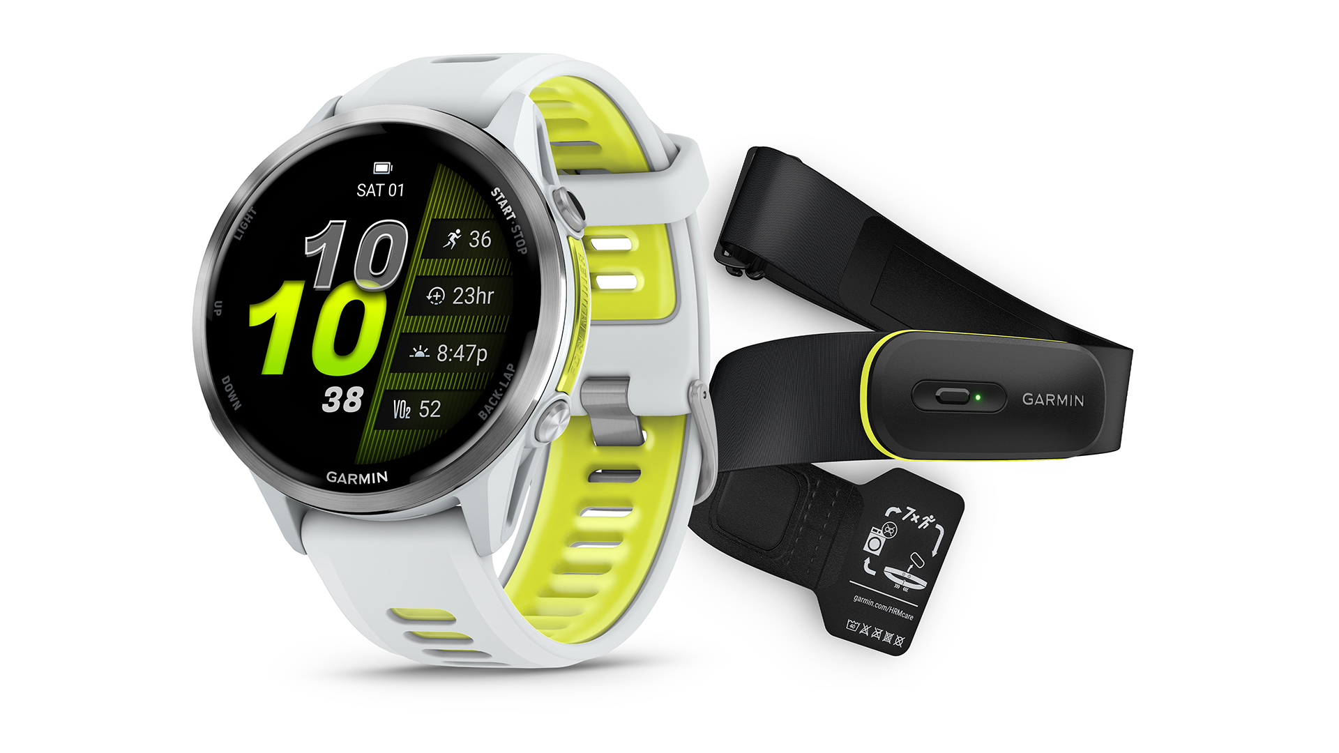 Garmin Forerunner 970 with HRM 600 against white background