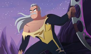 cartoon of a gray-haired but muscular man holding a large sword.