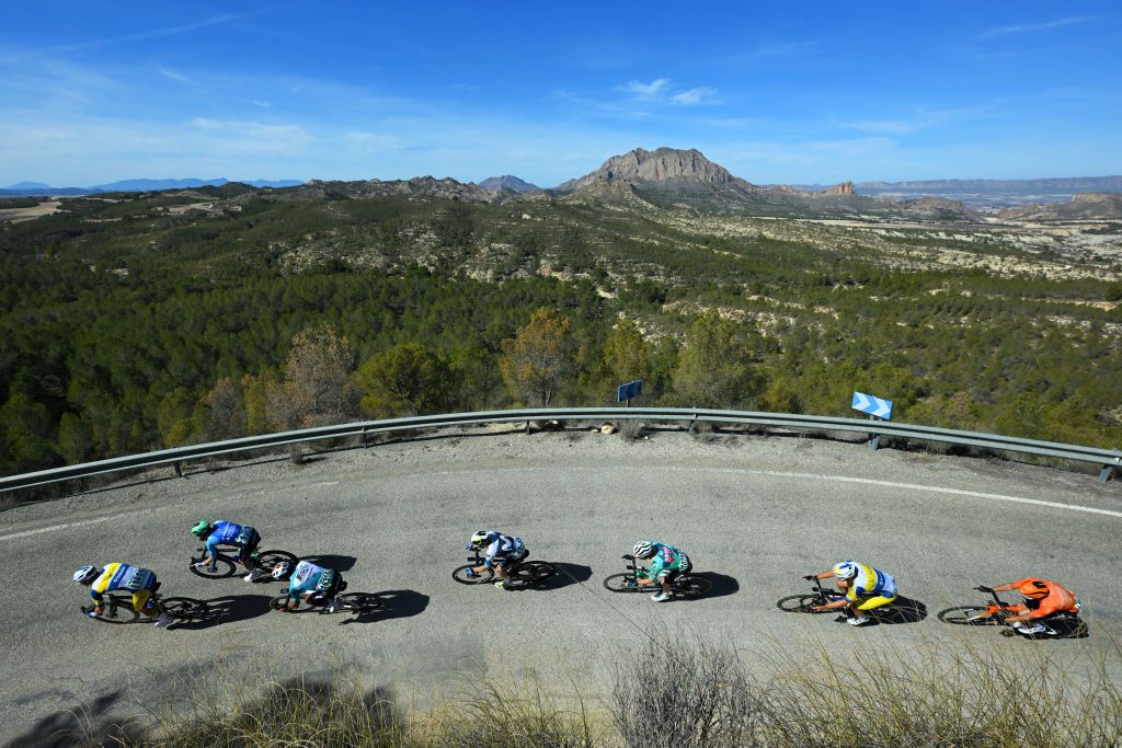 MURCIA SPAIN FEBRUARY 15 LR Ward Vanhoof of Belgium and Team Flanders Baloise Aurelien ParetPeintre of France and Team Decathlon AG2R La Mondiale Jose Juan Prieto of Spain and Team Petrolike Carlos Canal of Spain and Team Movistar Mikel Retegi of Spain and Team Equipo Kern Pharma and a general view of the peloton competing during the 45th Vuelta Ciclista a la Regin de Murcia Costa Calida 2025 a 1996km one day race from Jumilla to Murcia on February 15 2025 in Murcia Spain Photo by Tim de WaeleGetty Images
