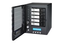 The Thecus N5200XXX with its five hard disk trays visible.