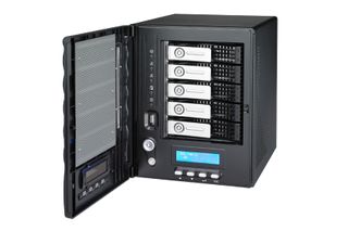 The Thecus N5200XXX with its five hard disk trays visible.