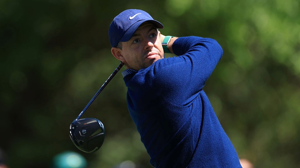Rory McIlory at the end of his swing during the opening round of The Masters 2026.