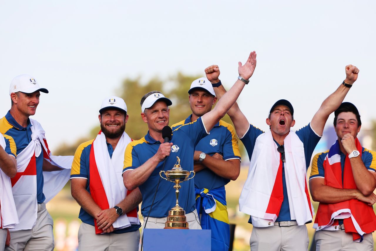 Luke Donald celebrates winning the Ryder Cup