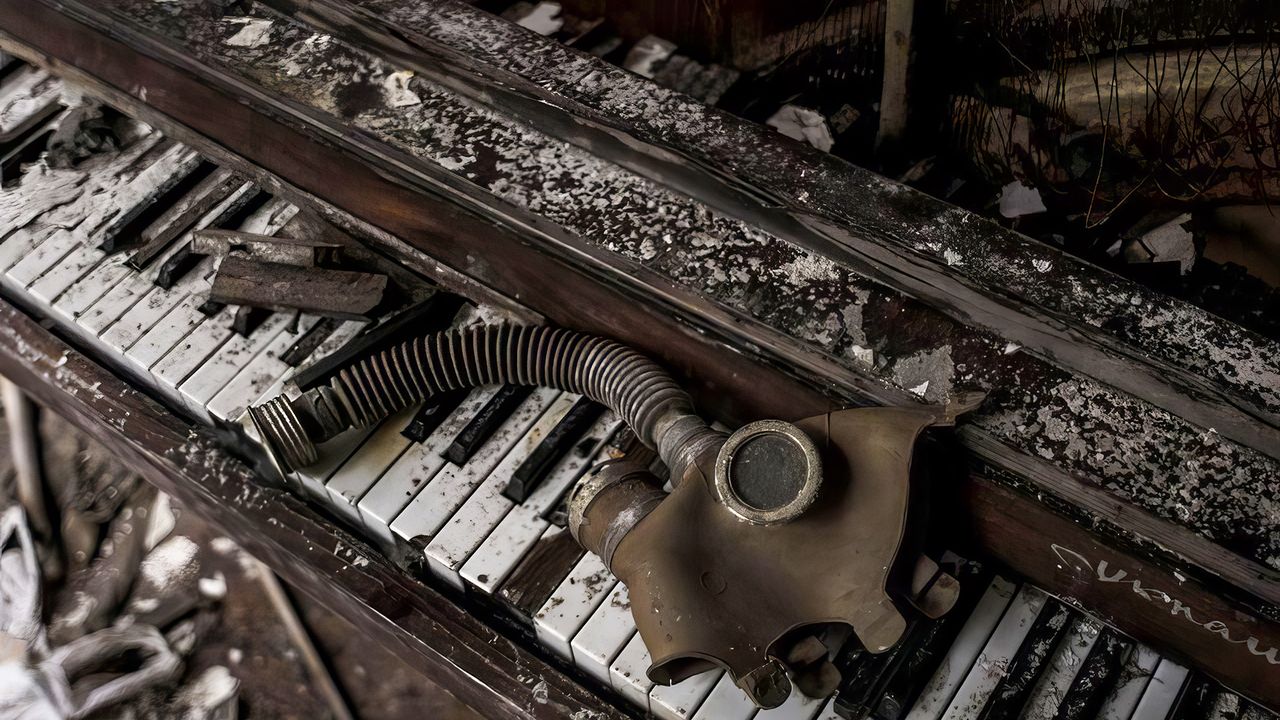 A brown rusty gas mask sits on top of a broken piano covered in ash.