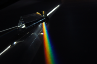 Photograph showing white light dispersed through a prism and split into the colors of the rainbow.