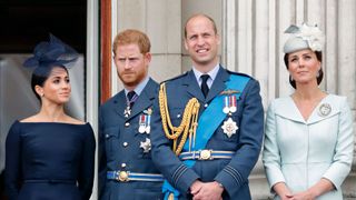 london, united kingdom july 10 embargoed for publication in uk newspapers until 24 hours after create date and time meghan, duchess of sussex, prince harry, duke of sussex, prince william, duke of cambridge and catherine, duchess of cambridge watch a flypast to mark the centenary of the royal air force from the balcony of buckingham palace on july 10, 2018 in london, england the 100th birthday of the raf, which was founded on on 1 april 1918, was marked with a centenary parade with the presentation of a new queen's colour and flypast of 100 aircraft over buckingham palace photo by max mumbyindigogetty images