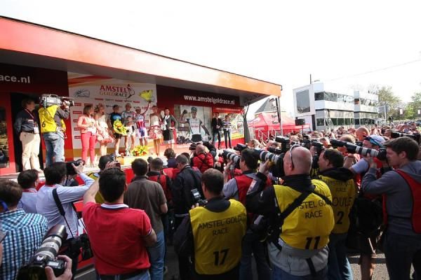 Simon Gerrans, Philippe Gilbert and Joaquin Rodriguez stand on the podium