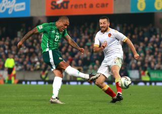 Josh Magennis scores a goal for Northern Ireland against Bulgaria during the UEFA Nations League match at Windsor Park in Belfast, October 2024