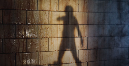 A familiar shadow is projected on a grotty tiled wall