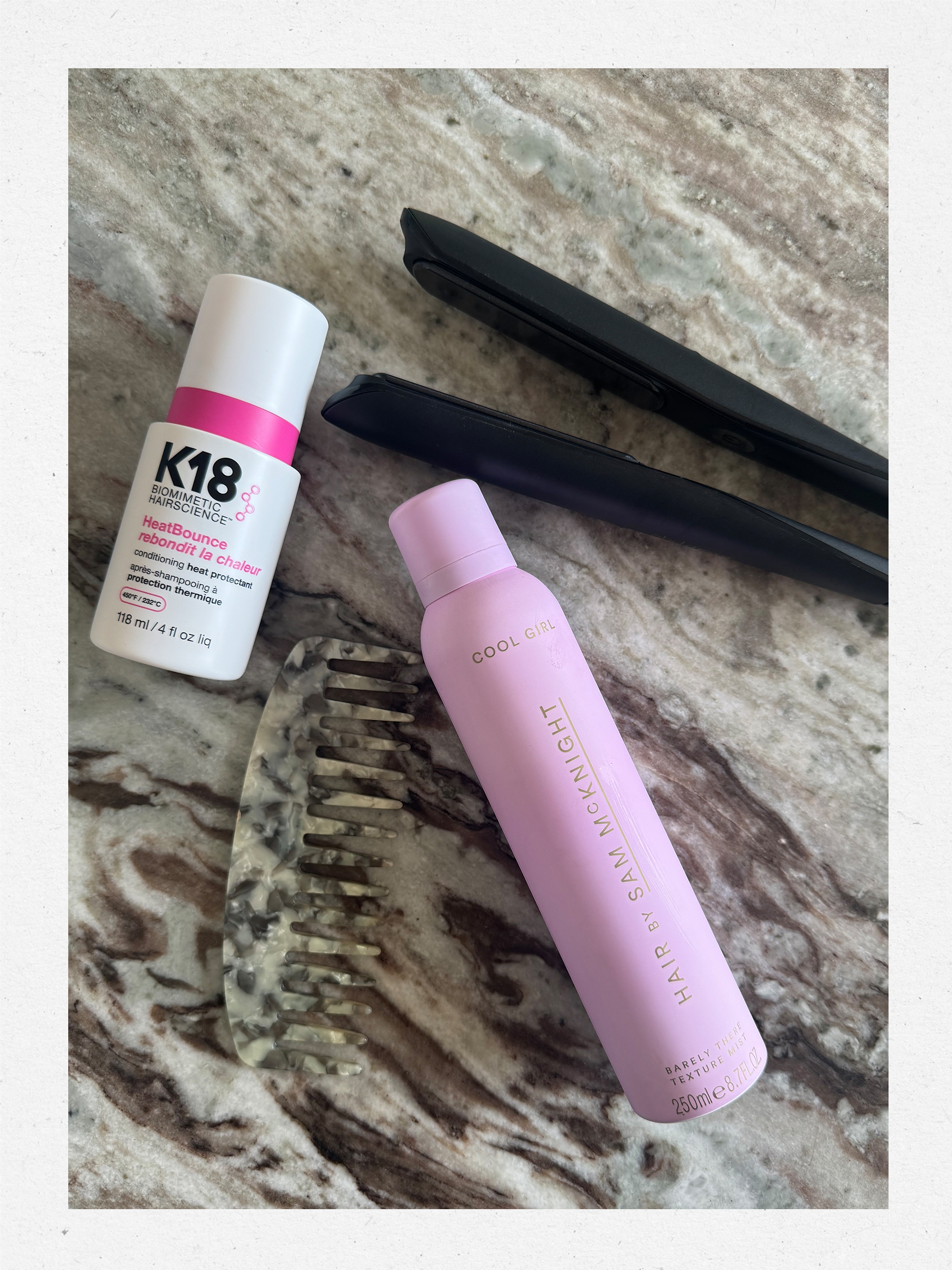 Styling products used to create s-waves, including heat protection mist, hair straighteners, texturising mist and a wide-toothed comb