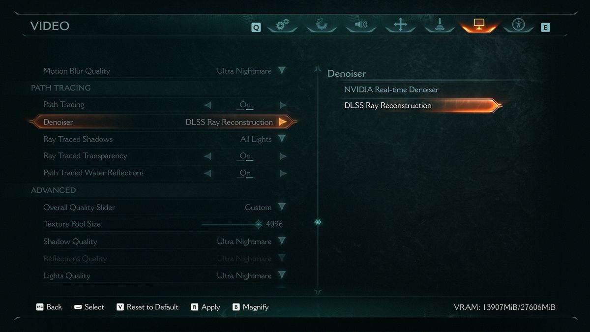 A screenshot of the path tracing options in the PC version of Doom: The Dark Ages