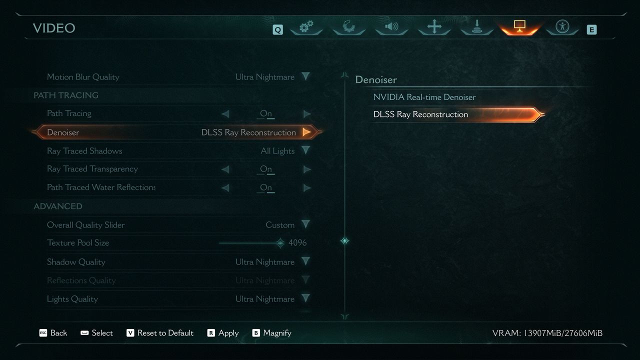 A screenshot of the path tracing options in the PC version of Doom: The Dark Ages