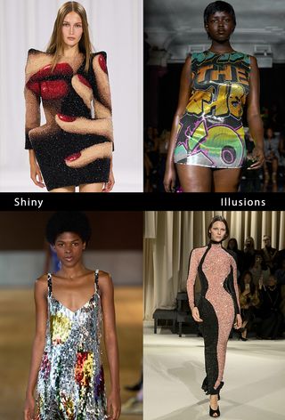 party trends of 2025 shown in a collage of models wearing the sequin trend in the fall and spring runway collections of Balmain, Theophilio, Schiaparelli, and Monse