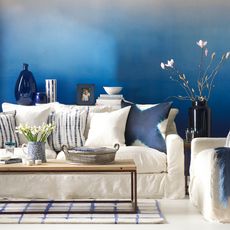 living room with inky blue wall and sofa set with cushions