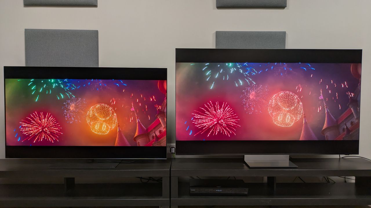 LG G6 (left) vs Samsung R95H (right) showing fireworks from The Super Mario Galaxy Movie. Both TVs have great colors, but the G6's appear richer and deeper