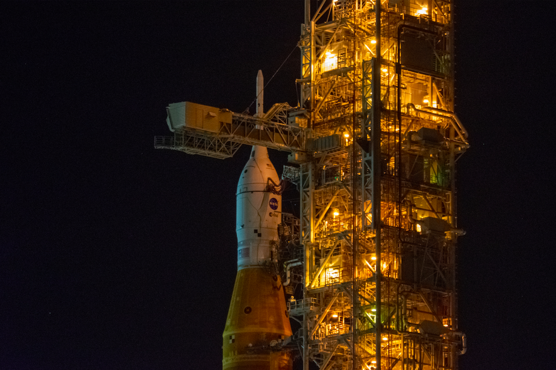 A closeup of the Artemis 1 Orion capsule during the mission's rollback from the launch pad to the Vehicle Assembly Building at NASA's Kennedy Space Center on April 25-26, 2022.